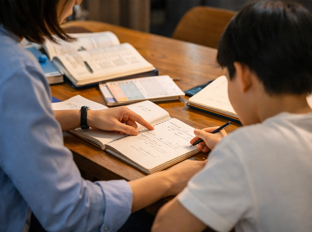 家庭教師が生徒のノートを見ながら学習をサポートする様子（イメージ）